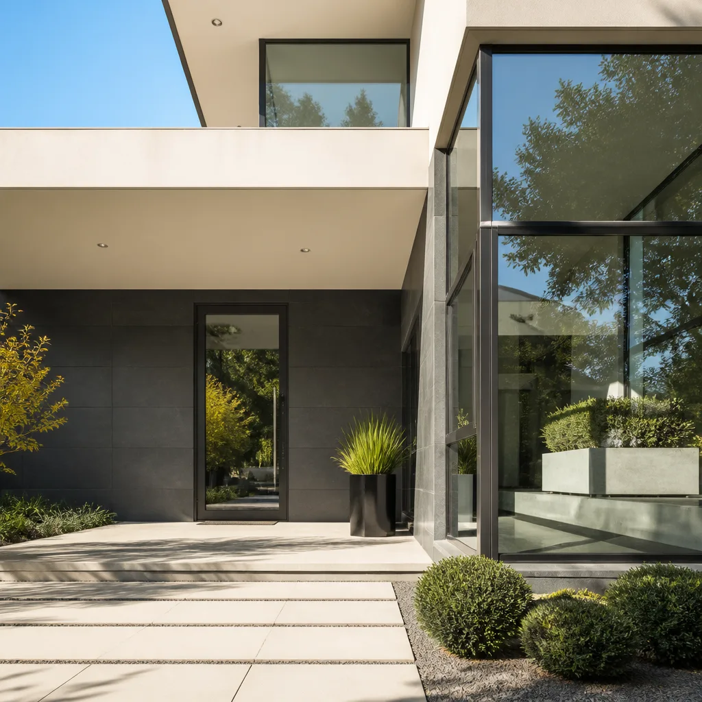 Modern glass door replacement installed in a contemporary luxury home exterior