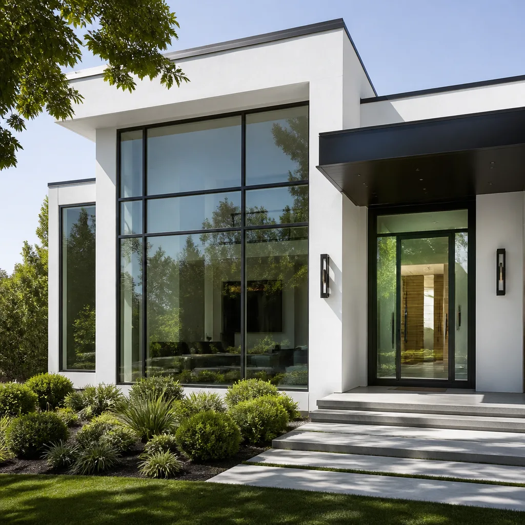 Modern home exterior with custom black framed windows and glass entry door