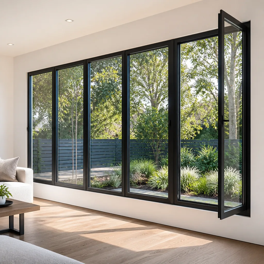 Modern large black frame window installation in a bright living room