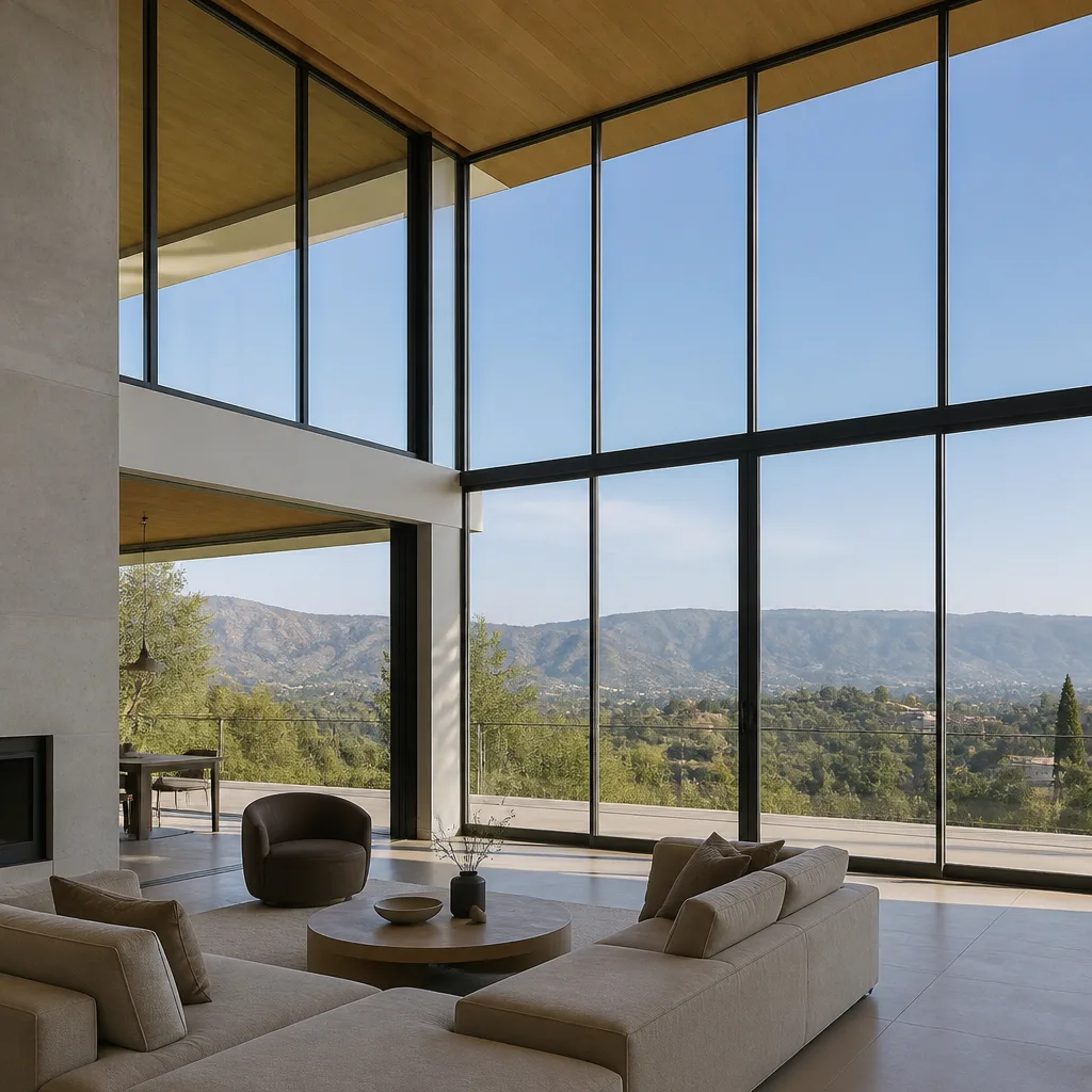 Modern floor-to-ceiling window wall installation in a contemporary living room