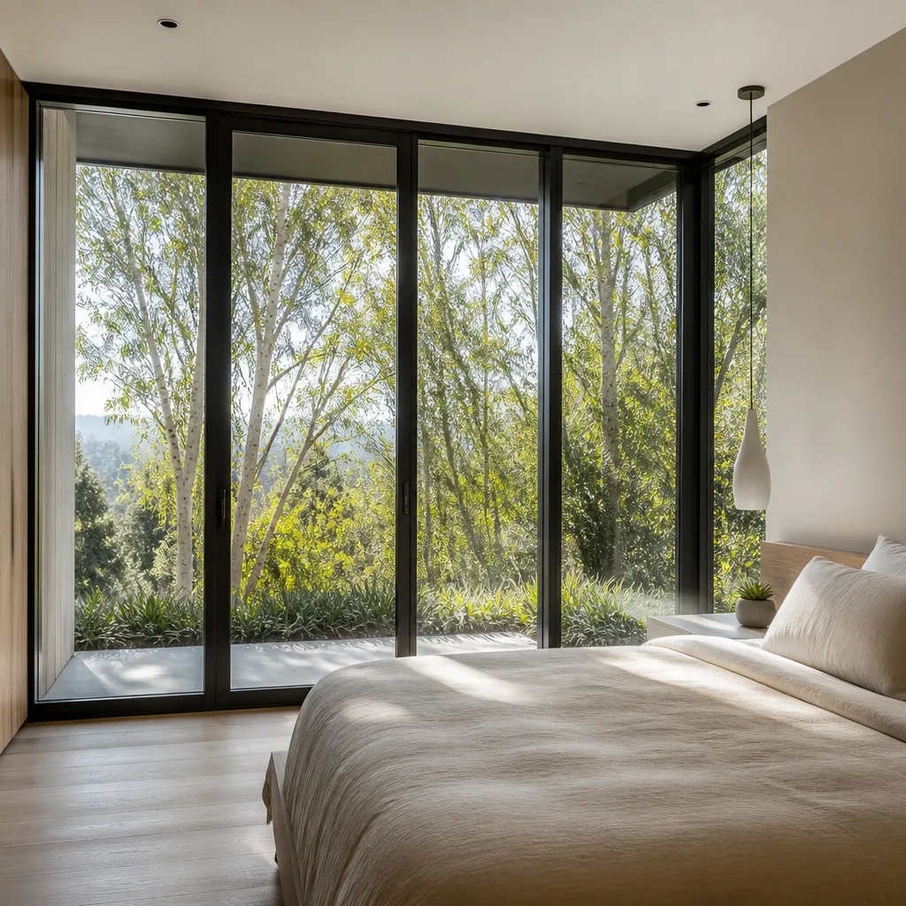 Modern floor-to-ceiling glass bedroom doors with forest views