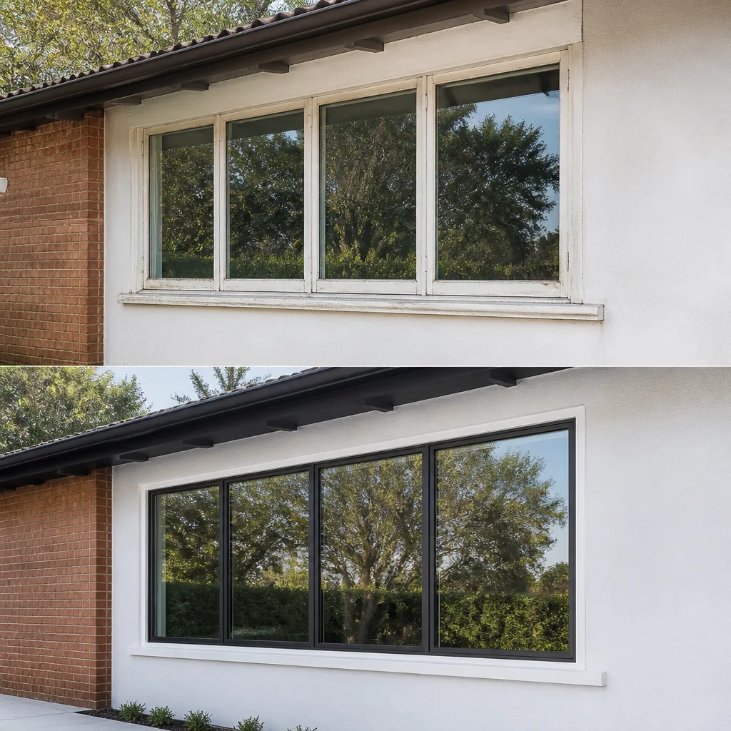 Before and after window replacement featuring modern black frames